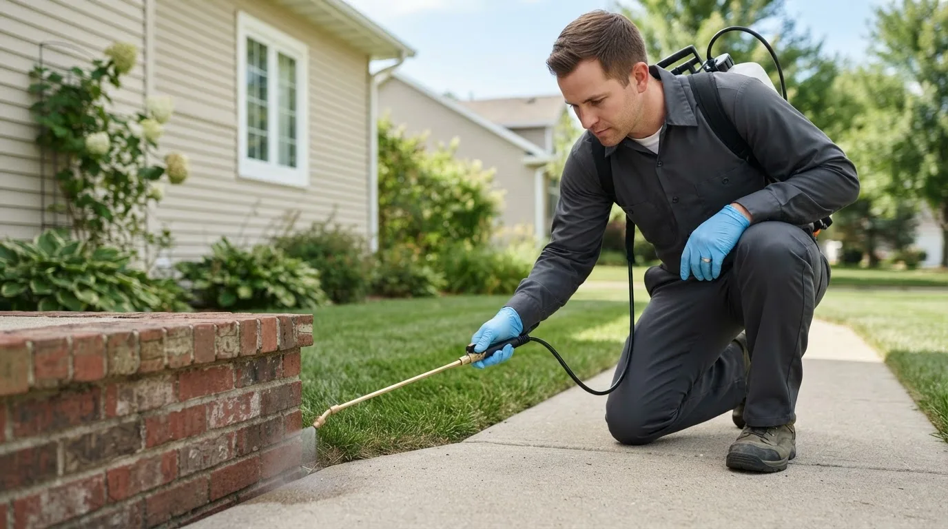 Pest control technician treating a home near Sterling, CT